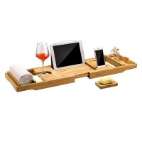 100% Bamboo Bathtub Caddy with Extendable Sides, Cellphone Tray and Integrated Wineglass Holder